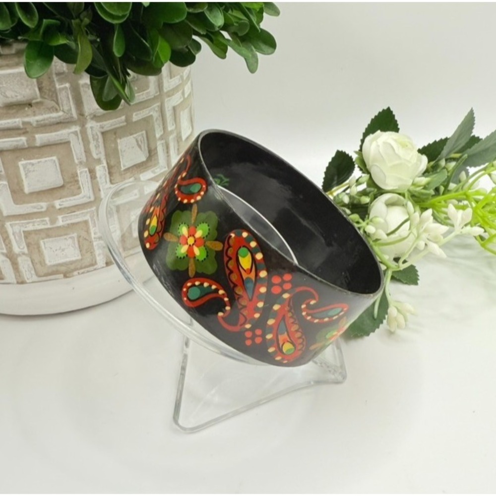 Vintage Hand Painted Folk Art Bangle Bracelet Black Paisley Boho Hippie Wide